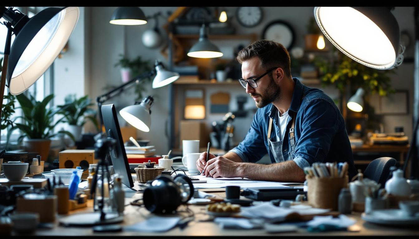 A photograph of a well-lit workspace featuring various lighting fixtures and supplies