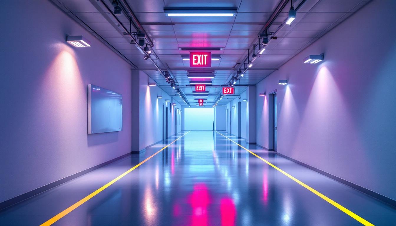 A photograph of a well-lit indoor space showcasing various emergency lighting solutions