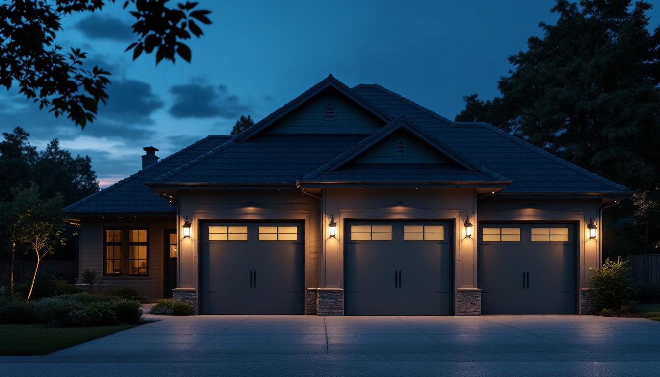 A photograph of a well-lit garage exterior at dusk