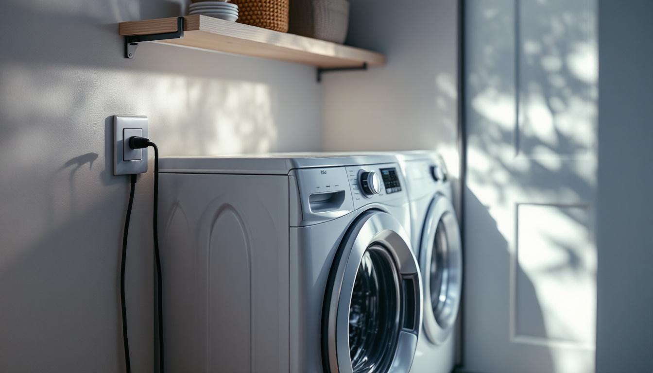 A photograph of a well-lit laundry room featuring a modern laundry machine with an accessible electrical outlet