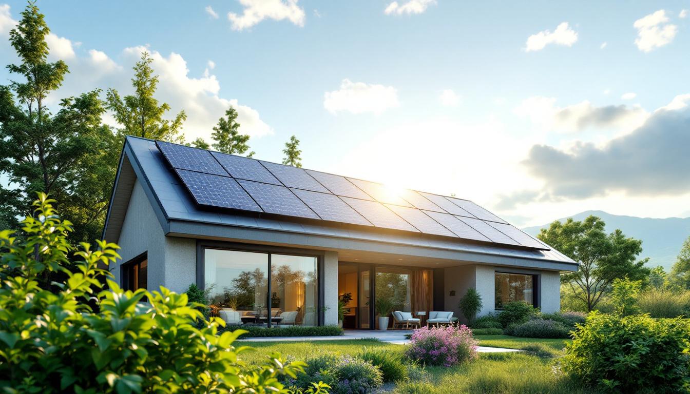 A photograph of a modern home featuring sleek flat panel solar panels on the roof