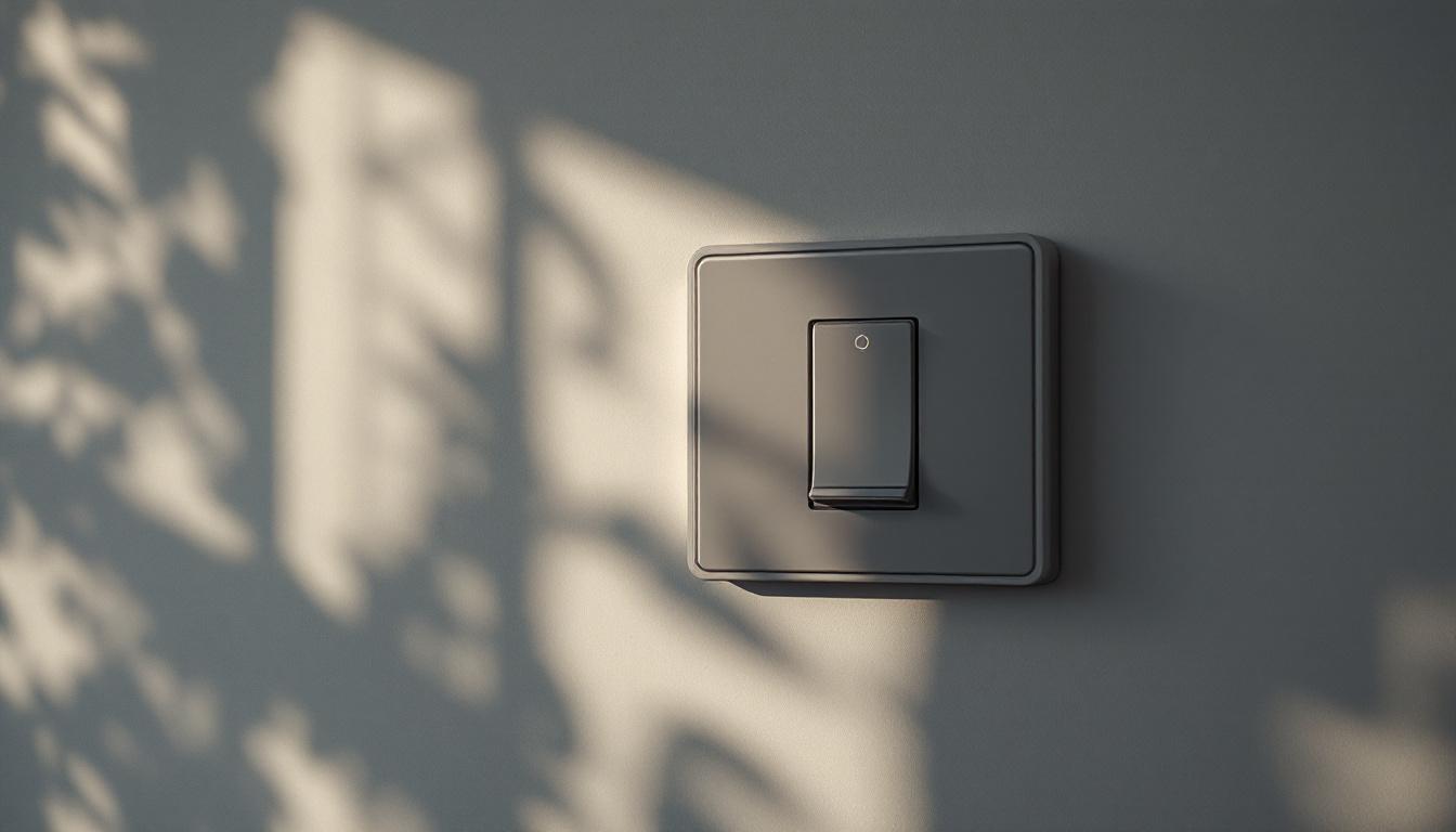 A photograph of a stylishly designed grey light switch in a modern interior setting
