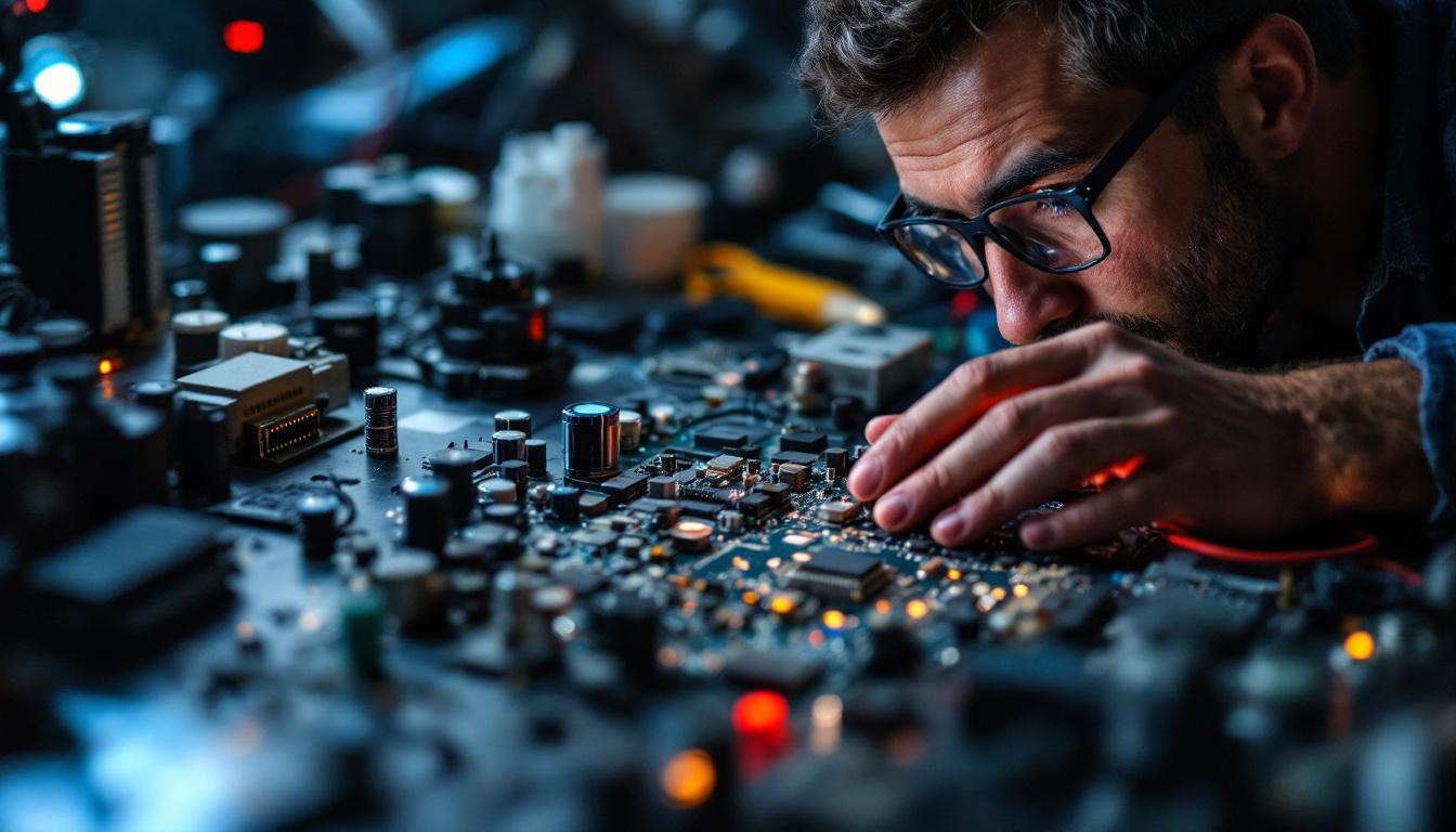 A photograph of an electrical engineer working on a complex circuit board