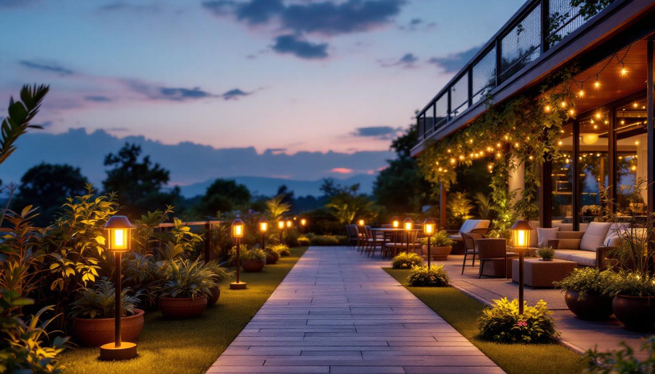 A photograph of a beautifully illuminated patio at dusk