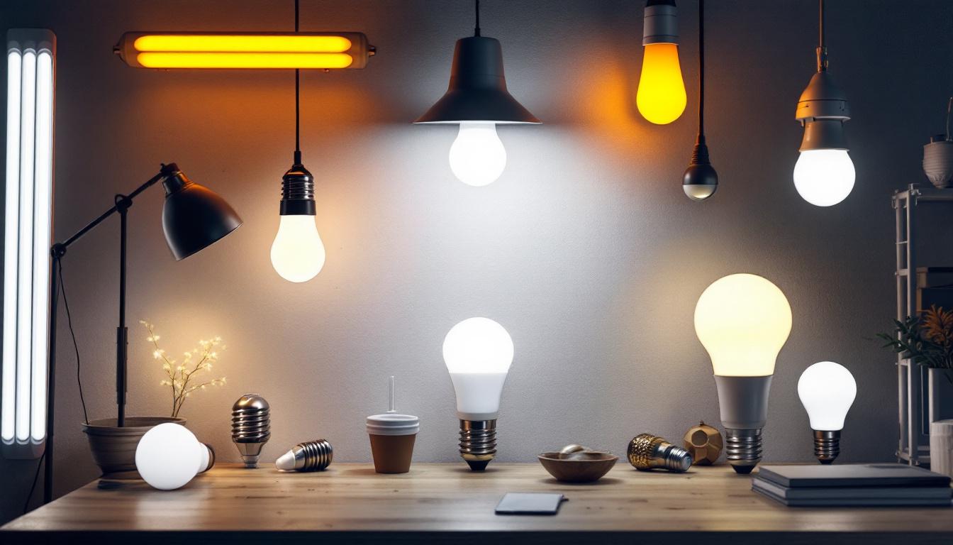 A photograph of a well-lit workspace featuring various types of fluorescent light bulbs