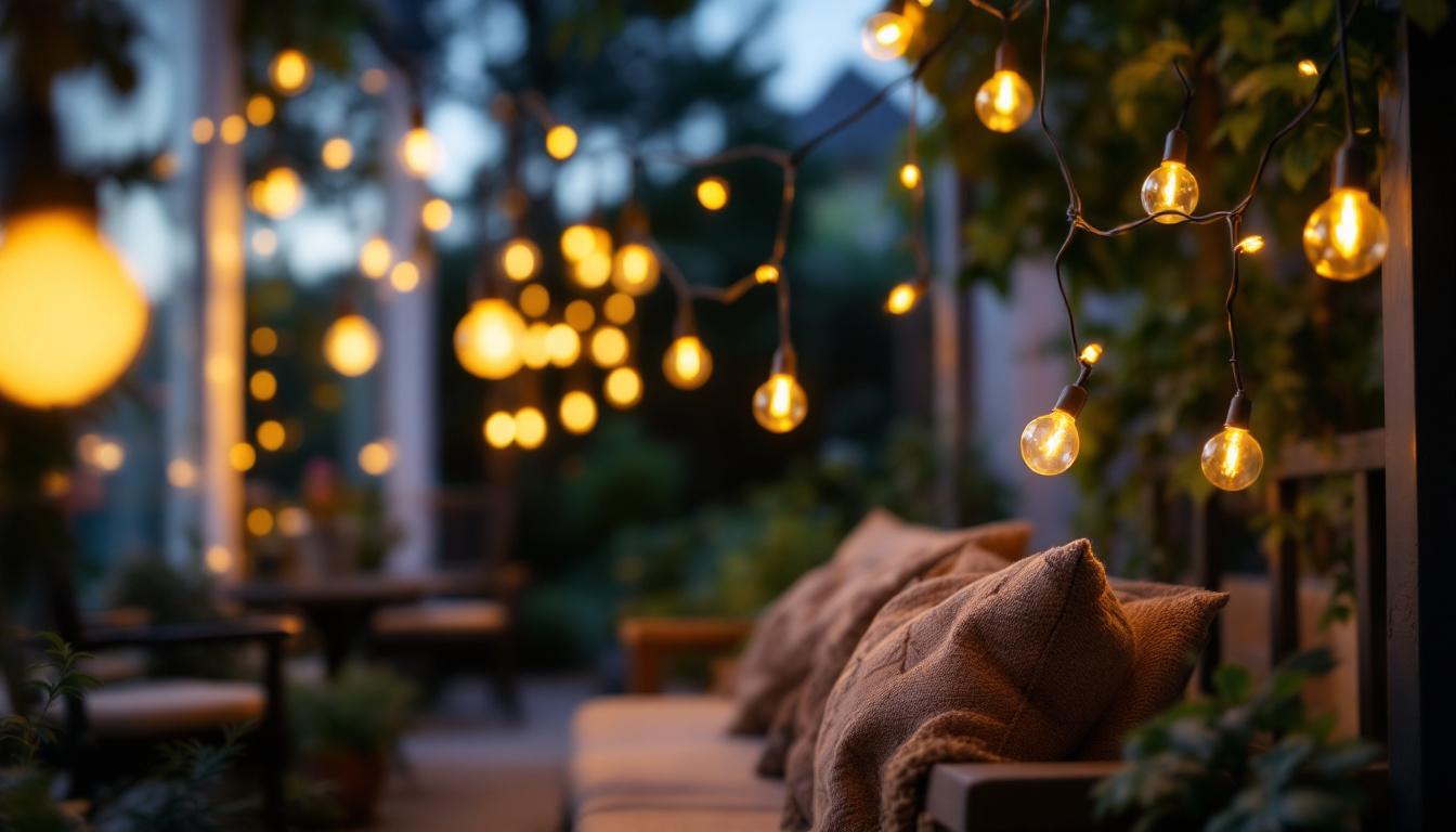 A photograph of a beautifully arranged display of custom length string lights in a cozy outdoor setting