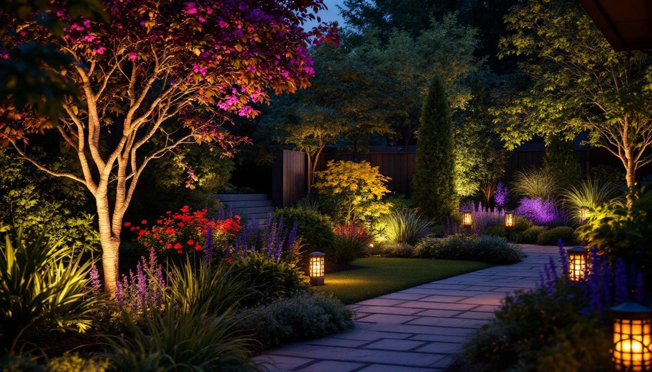 A photograph of a beautifully illuminated garden at dusk