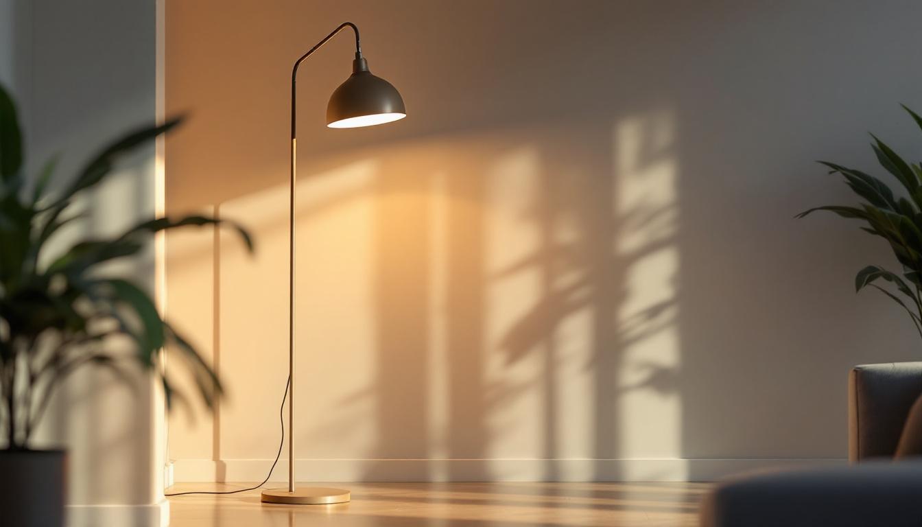 A photograph of a stylish floor lamp in a well-lit living space