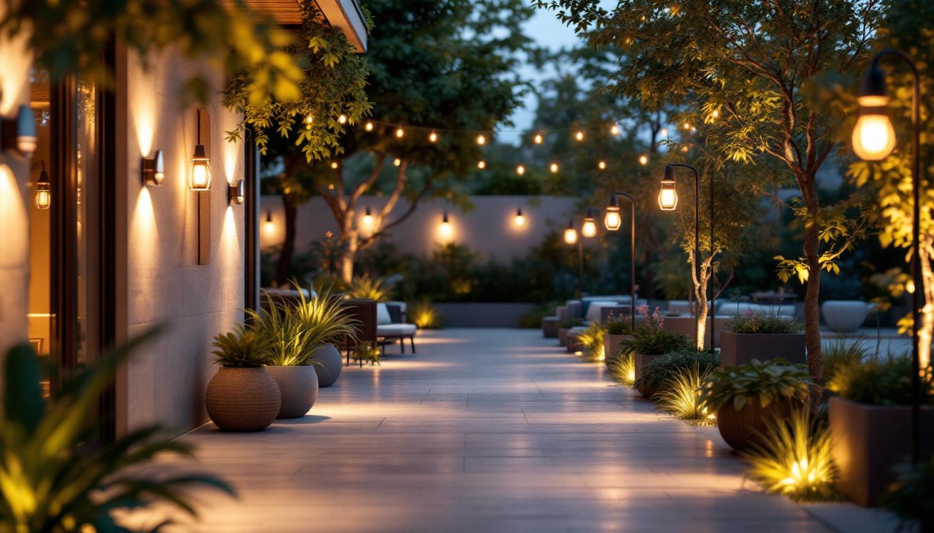 A photograph of a well-lit outdoor space showcasing various types of stylish and functional lighting fixtures