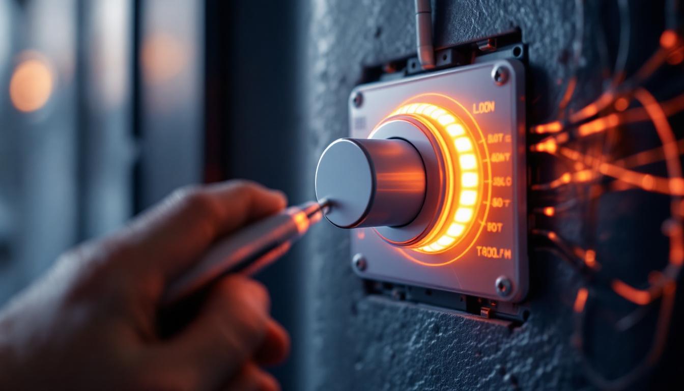 A photograph of a close-up shot of a modern led toggle dimmer switch being installed or adjusted
