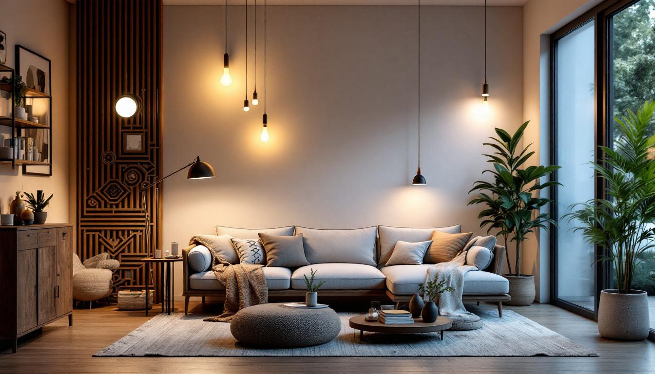 A photograph of a beautifully designed living space featuring a variety of energy-efficient lighting fixtures