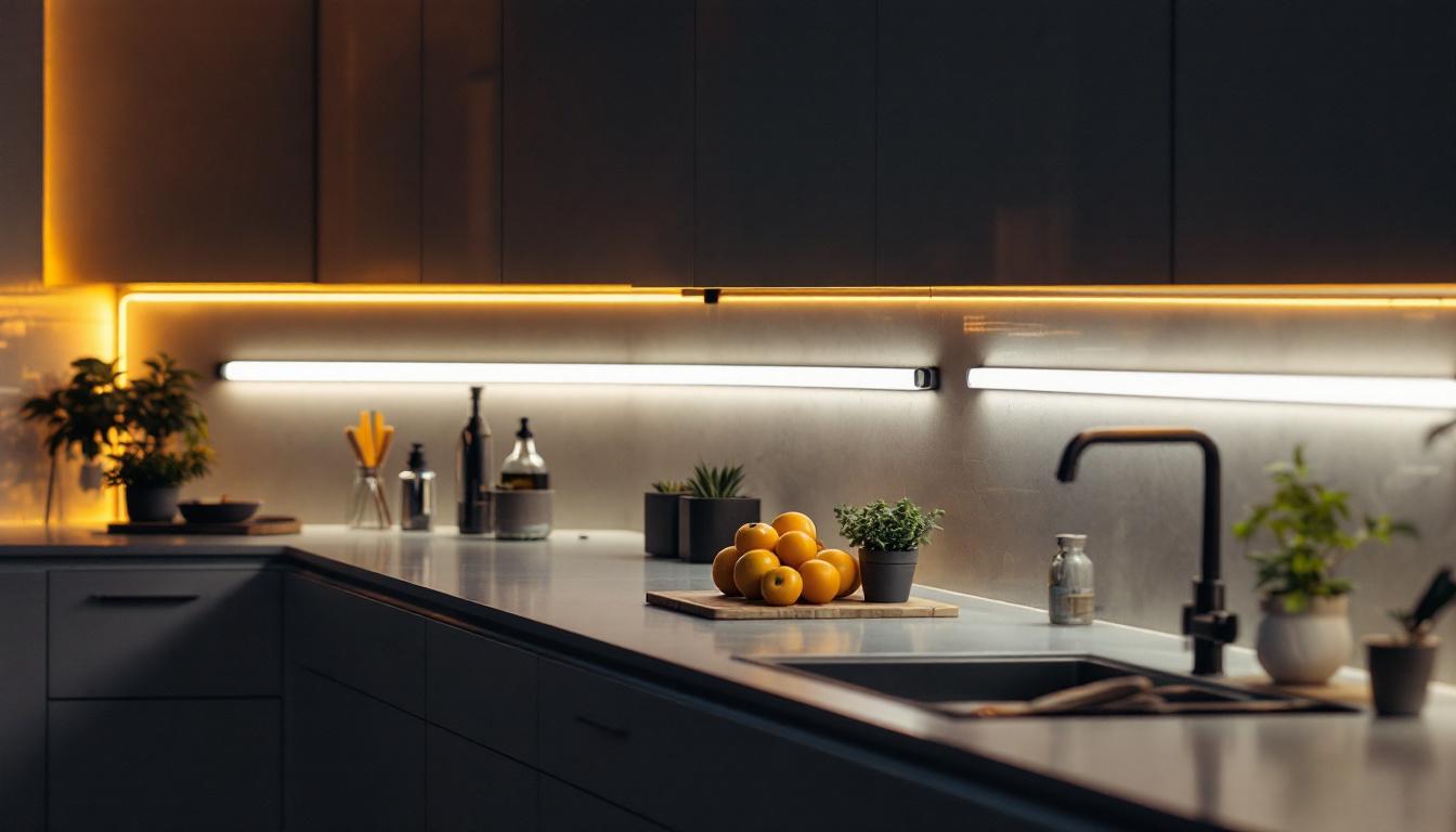 A photograph of a sleek and modern kitchen featuring under-cabinet fluorescent light fixtures illuminating the workspace