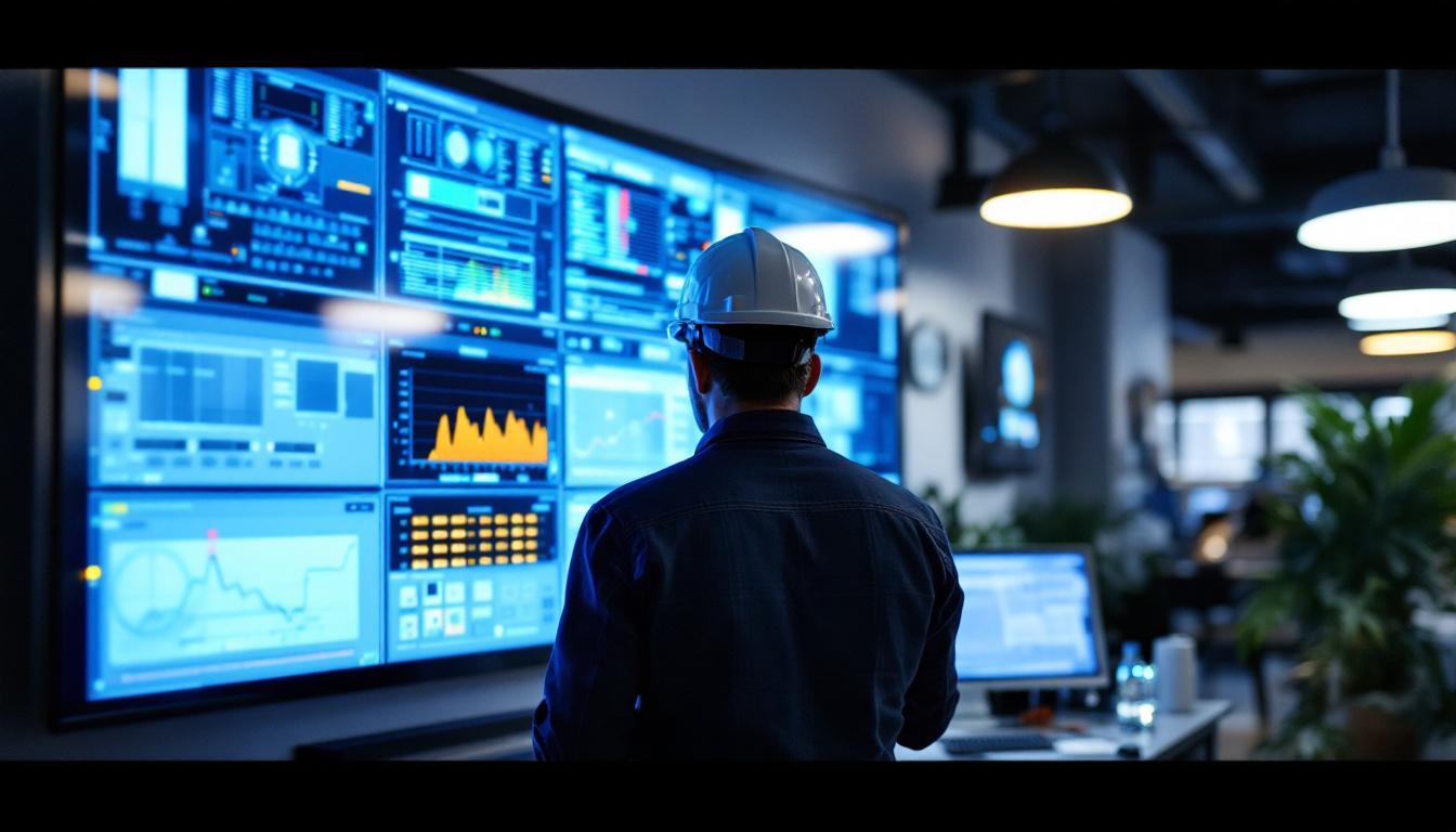 A photograph of a lighting engineer examining a modern lighting control panel