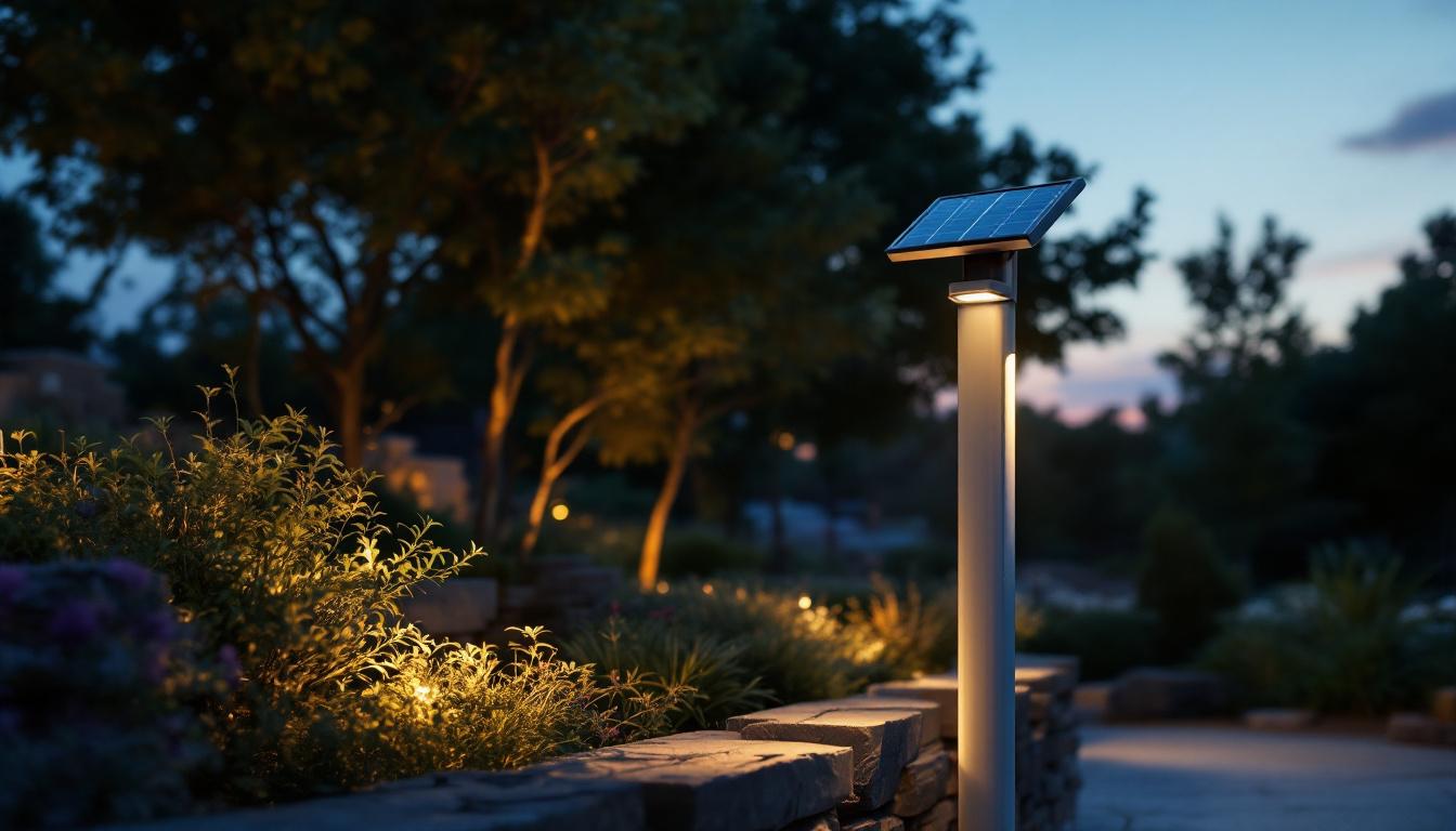 A photograph of a sleek solar-powered lamp post illuminated at dusk