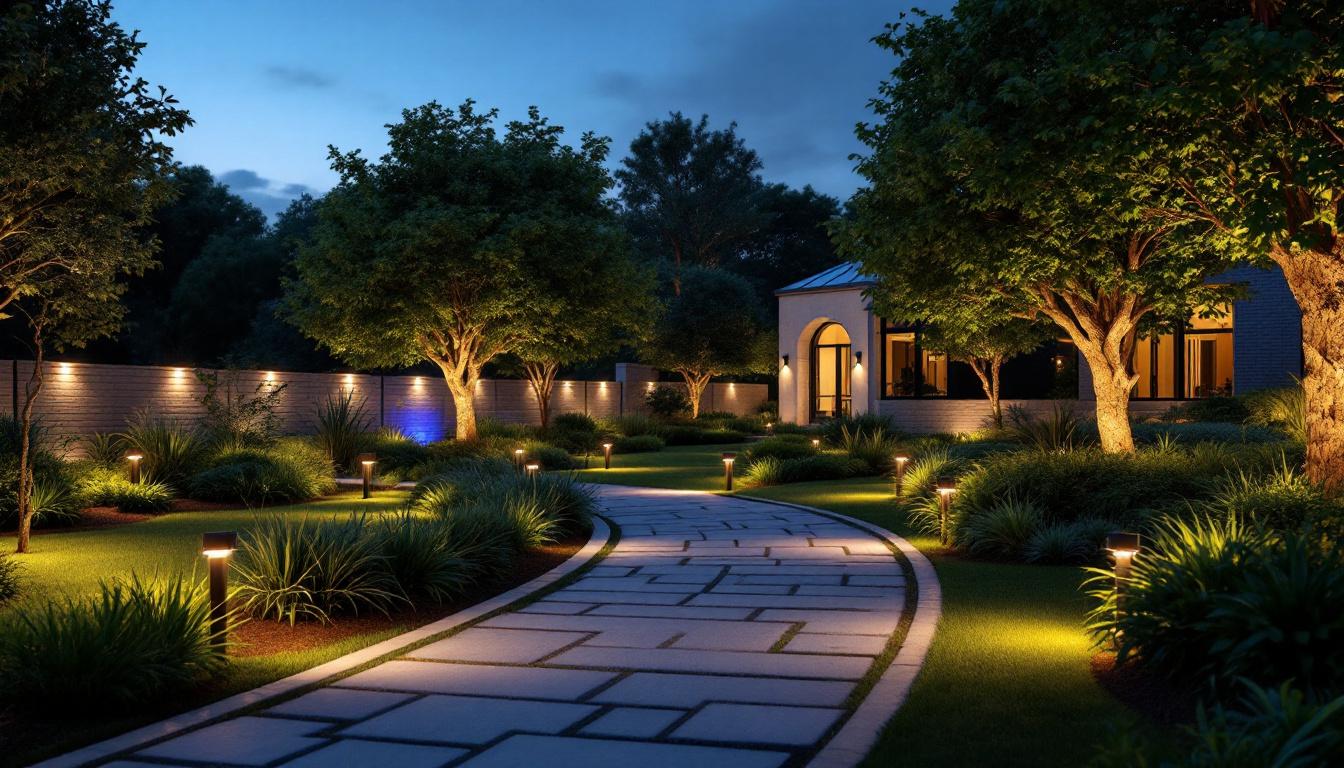 A photograph of a beautifully illuminated outdoor space showcasing led spotlights highlighting architectural features