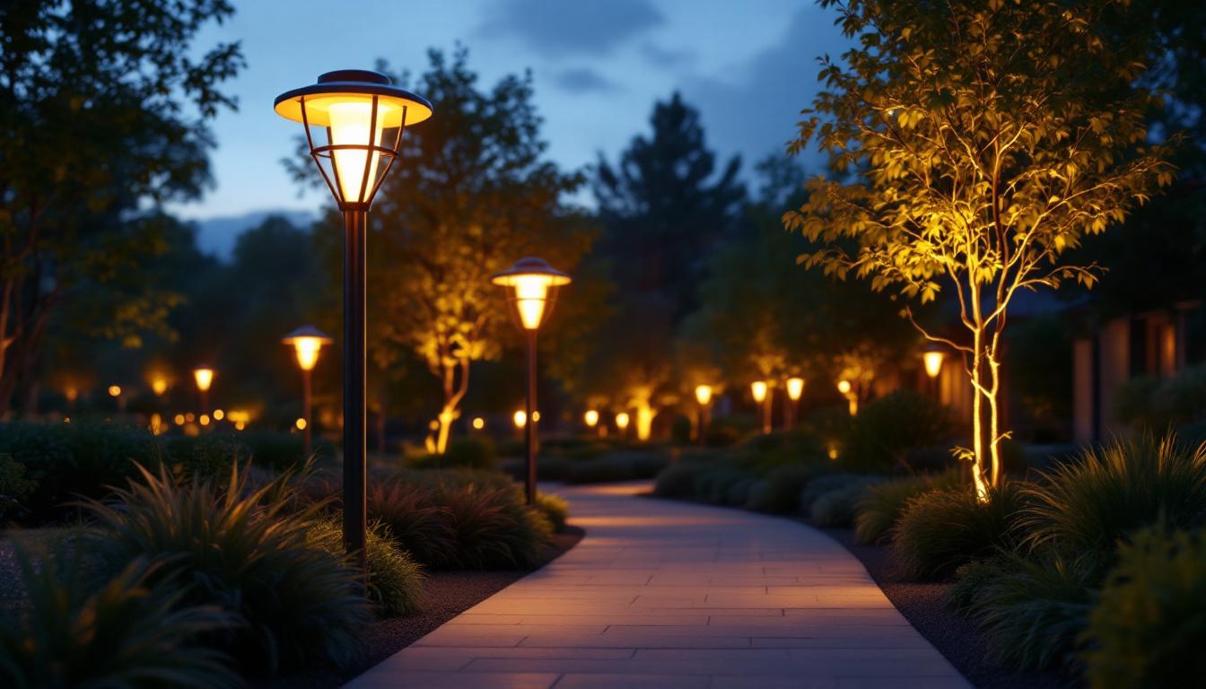 A photograph of a striking outdoor scene featuring tall lighting fixtures illuminating a pathway or garden
