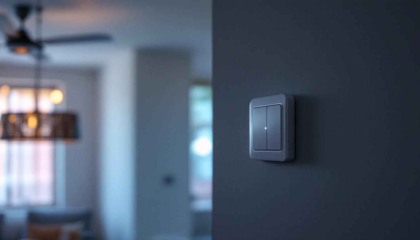 A photograph of a modern wall switch controlling a stylish ceiling fan in a well-lit room