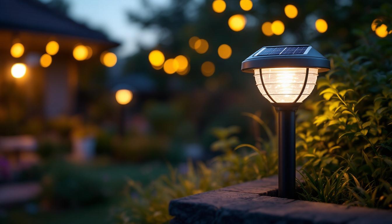 A photograph of a beautifully designed solar-powered uplight illuminating a garden or outdoor space at dusk
