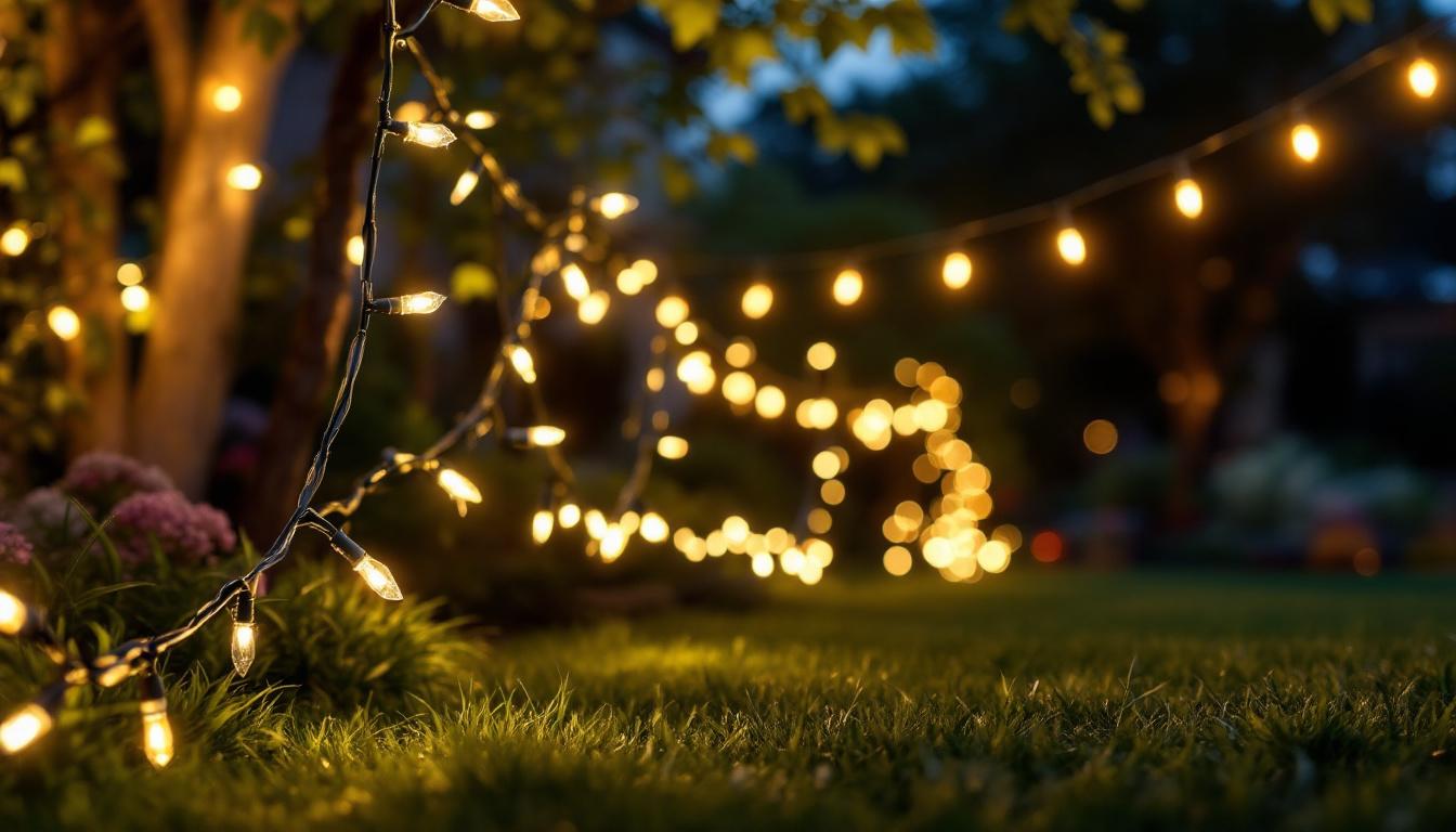 A photograph of a beautifully lit outdoor scene featuring a variety of portfolio landscape string lights