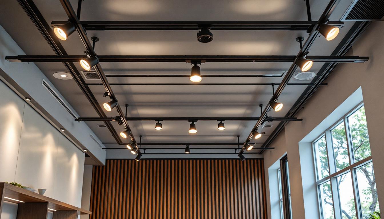 A photograph of a well-designed suspended ceiling featuring track lighting