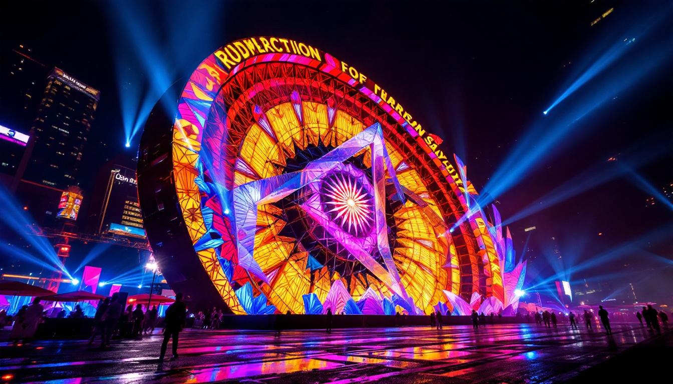 A photograph of a large-scale lighting installation in an urban or event setting