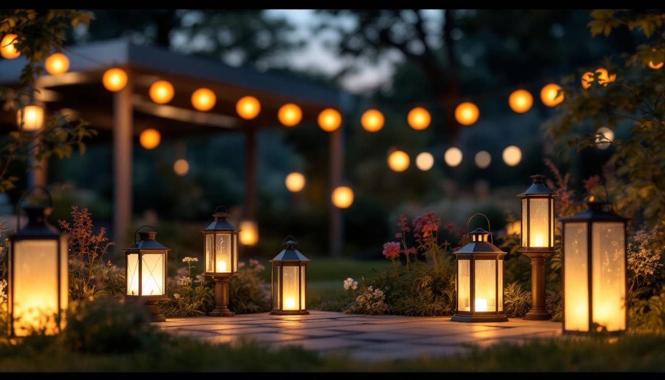 A photograph of a beautifully illuminated outdoor space featuring various styles of lantern lighting fixtures