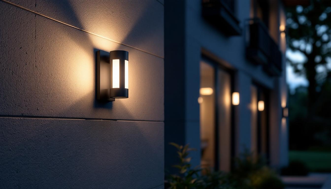 A photograph of a stylish modern outdoor wall light installed on a contemporary house exterior