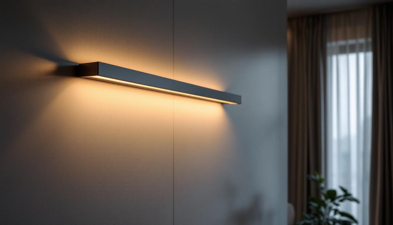 A photograph of a beautifully designed long light fixture installed in a modern interior setting