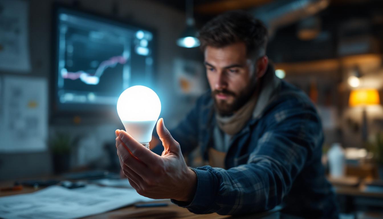 A photograph of a close-up of a 200w led light bulb illuminated in a modern workspace