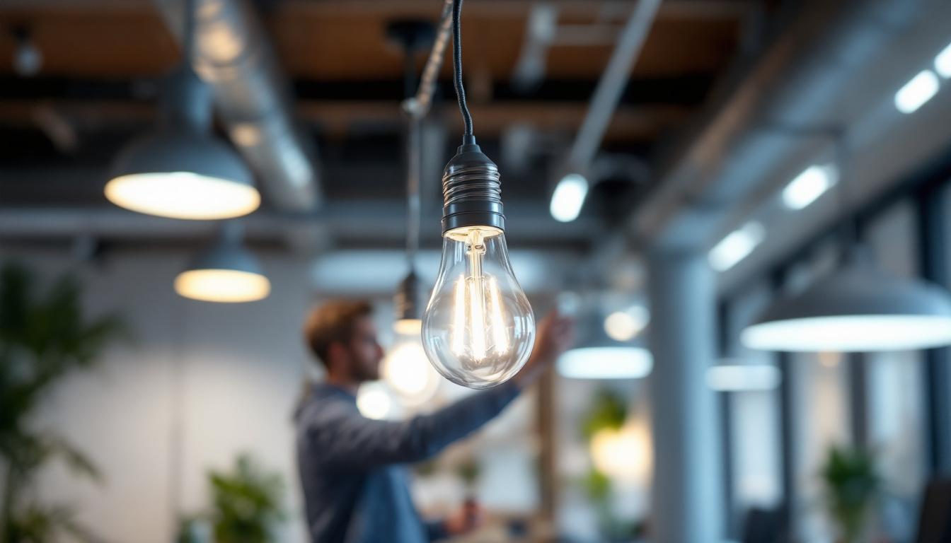 A photograph of a t8 led type b bulb installed in a modern office setting