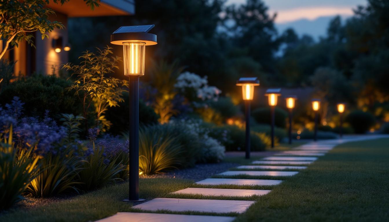 A photograph of a beautifully landscaped outdoor space illuminated by standing solar lights at dusk