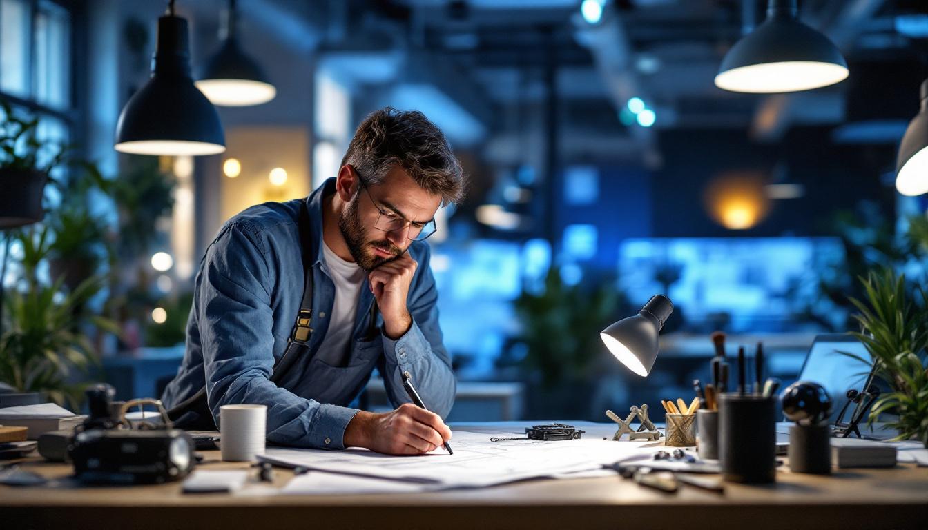 A photograph of a skilled electrical engineer in a modern workspace
