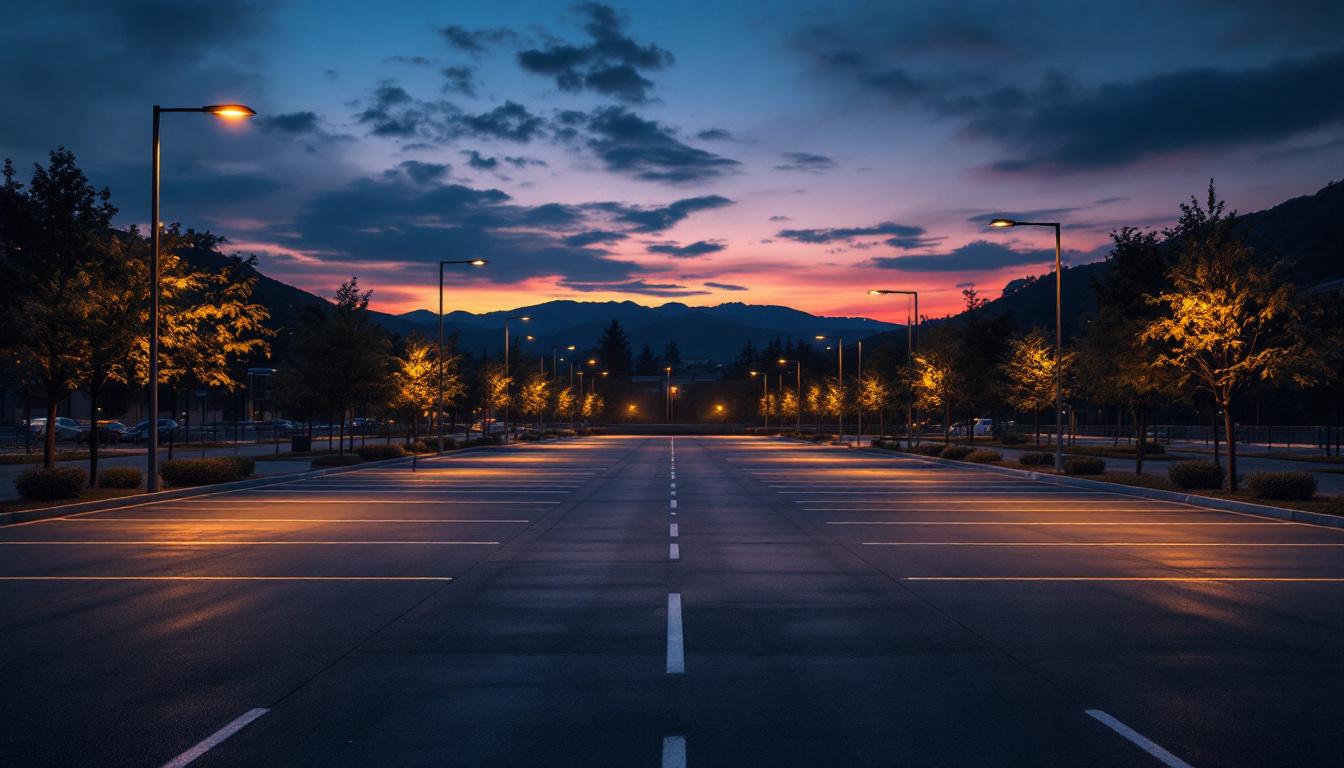A photograph of a well-lit outdoor parking lot at dusk