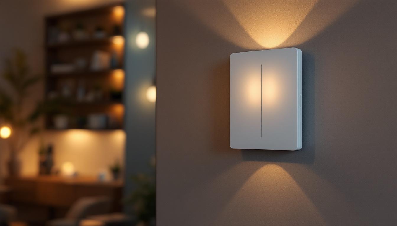 A photograph of a modern commercial electric smart switch installed in a stylish office or home setting