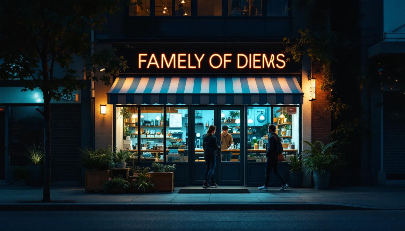 A photograph of a vibrant storefront illuminated by led lights at dusk