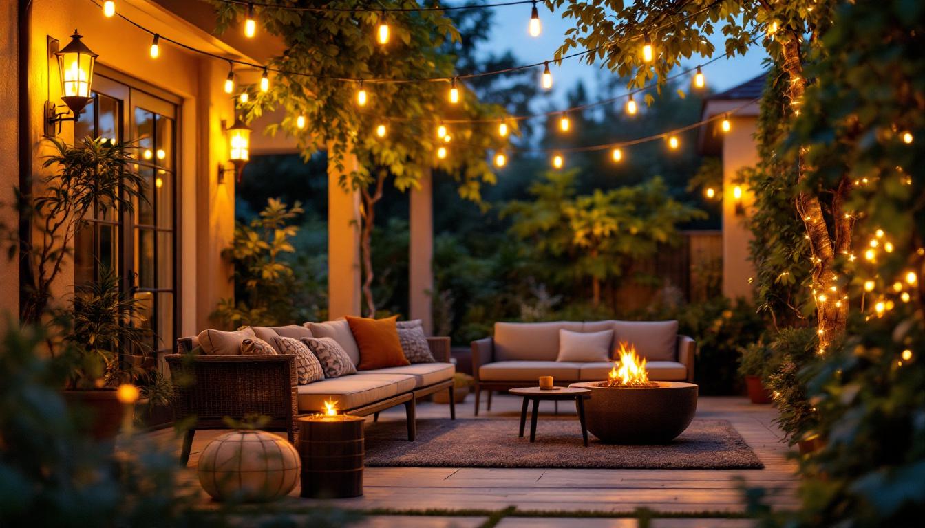 A photograph of a beautifully illuminated outdoor patio featuring energy-efficient led string lights