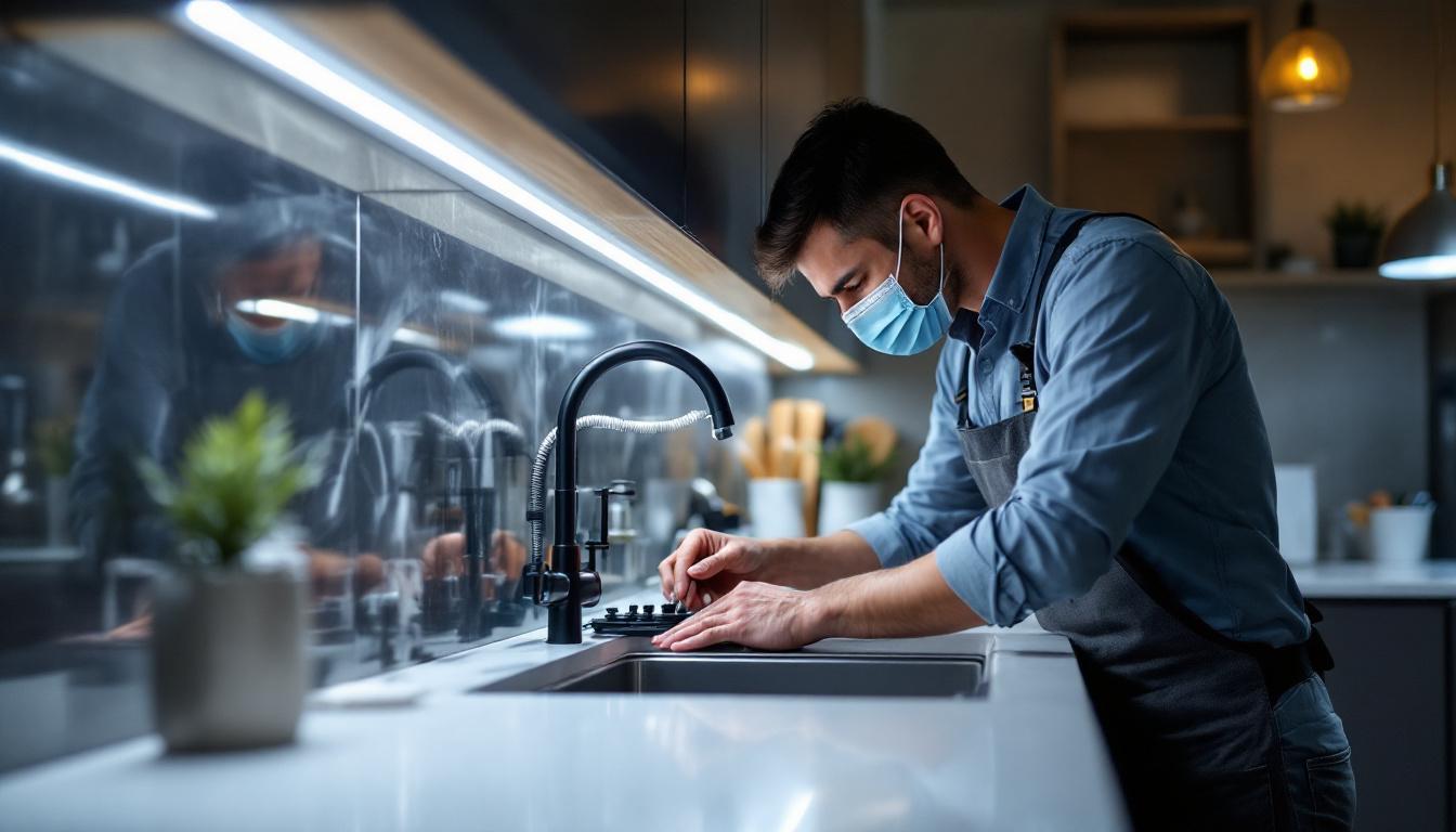 A photograph of a well-lit kitchen featuring sleek under cabinet led lighting