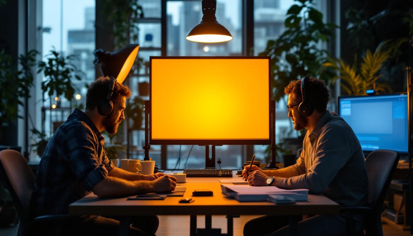 A photograph of capture a photograph of a modern engineering workspace featuring various lighting setups