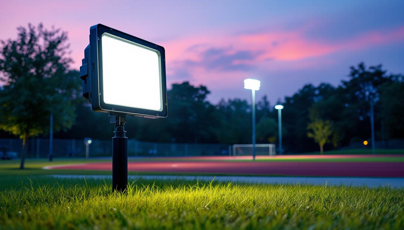 A photograph of a vibrant outdoor scene showcasing a flood led light illuminating a public space