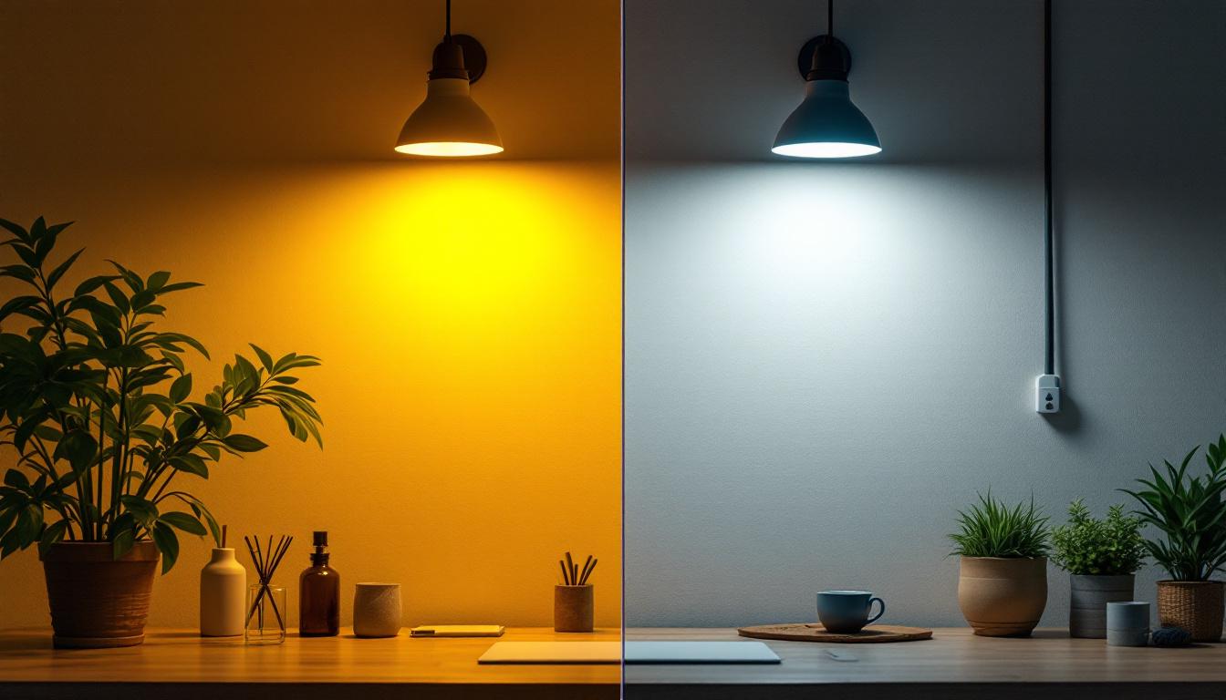 A photograph of a side-by-side comparison of a fluorescent light and an led light in a workspace setting