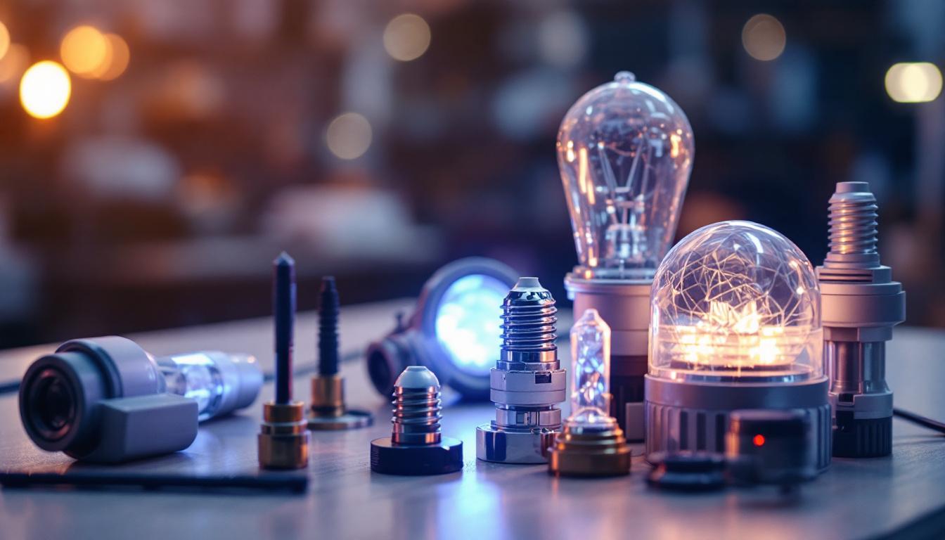 A photograph of a close-up shot of various rab lighting replacement parts arranged aesthetically