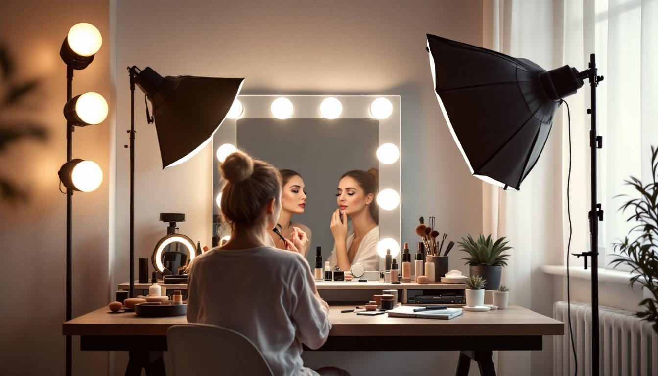 A photograph of a well-lit makeup vanity setup featuring a variety of lighting options