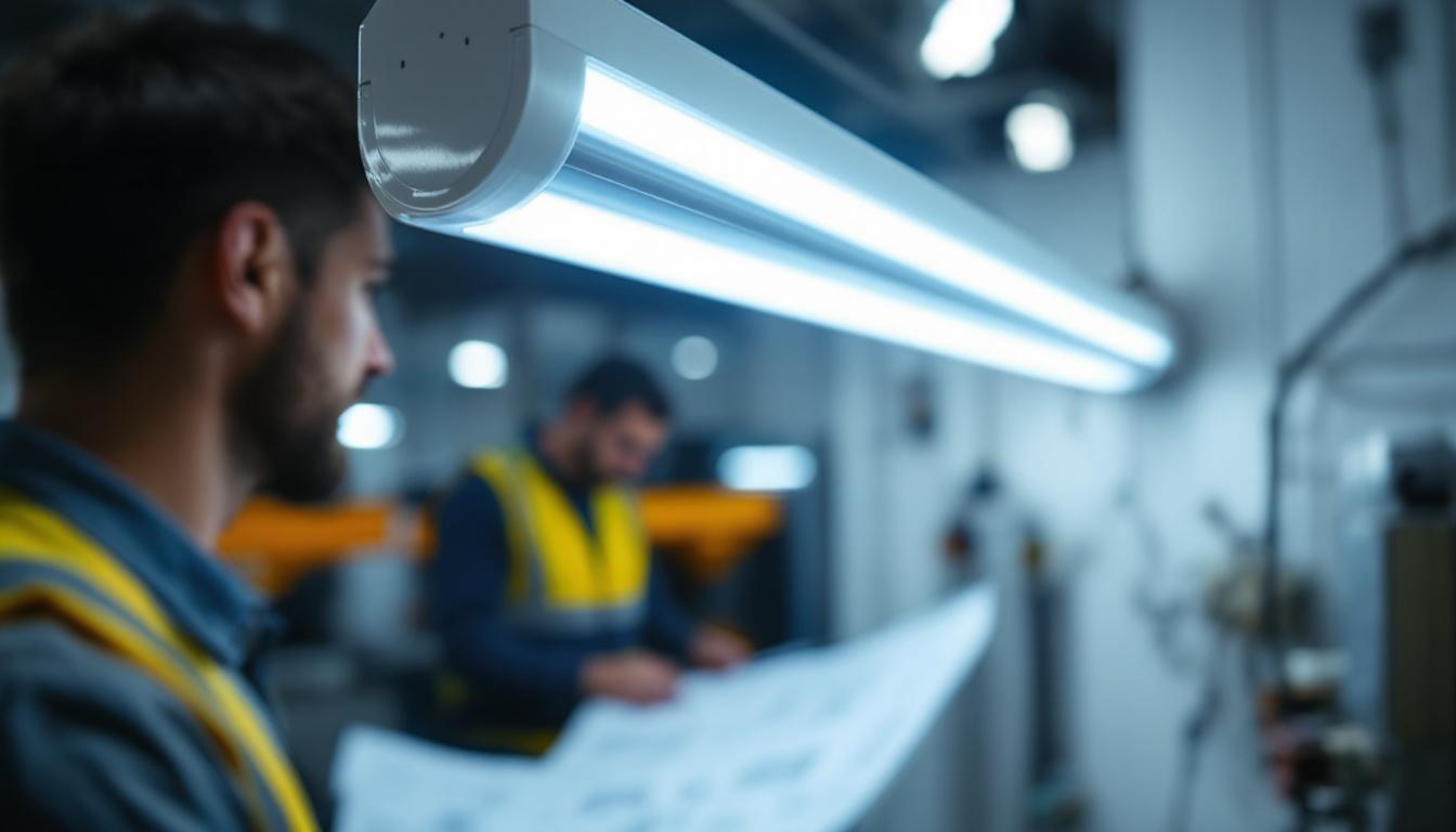 A photograph of a brightly lit workspace showcasing a t12 fluorescent light fixture in use