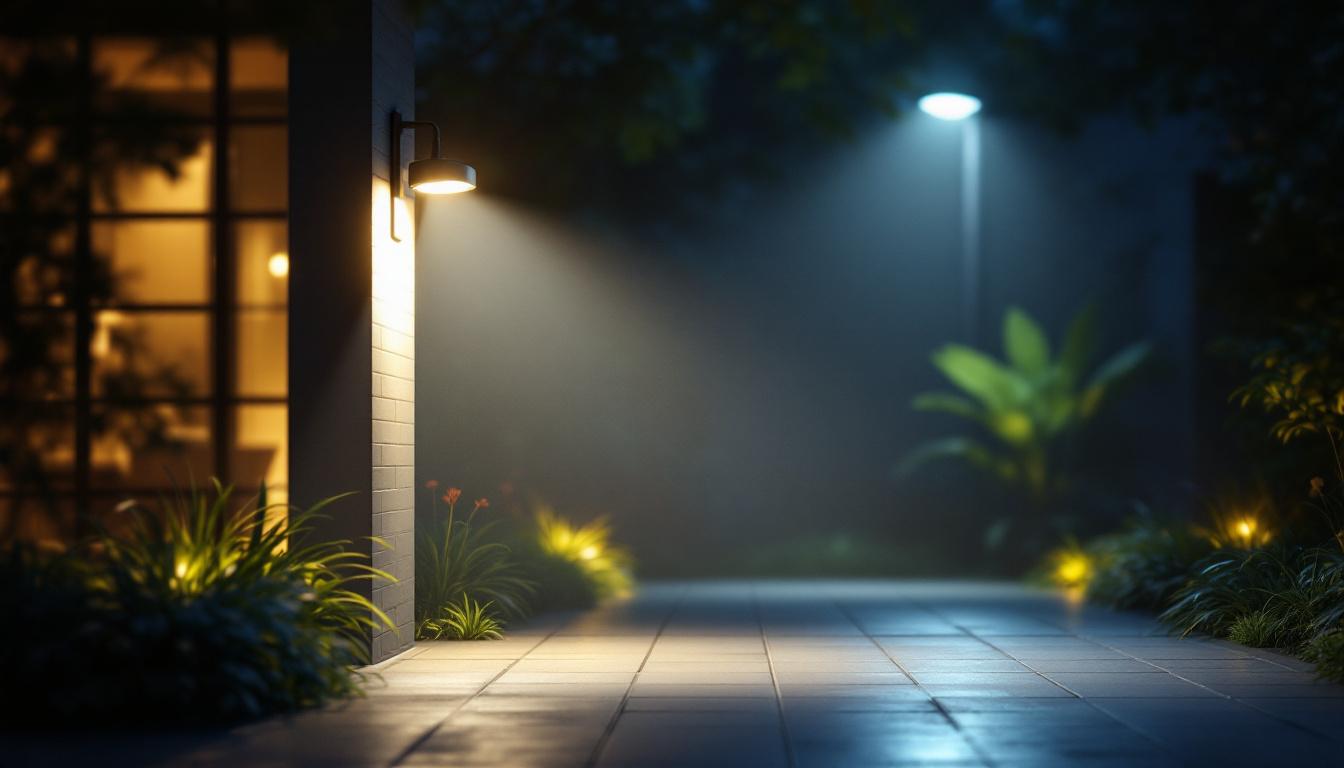A photograph of a well-lit outdoor space featuring a motion sensor light in action