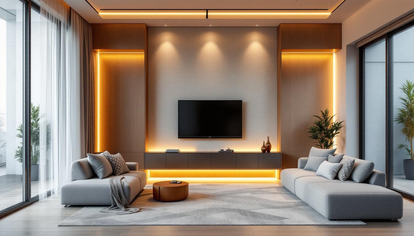 A photograph of a modern living space featuring sleek led retrofit lighting installations
