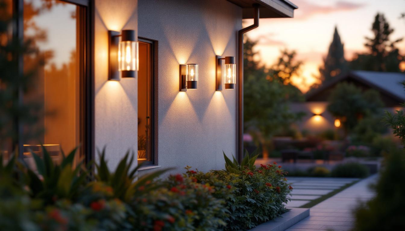 A photograph of a stylish outdoor setting featuring various commercial wall sconces illuminated at dusk
