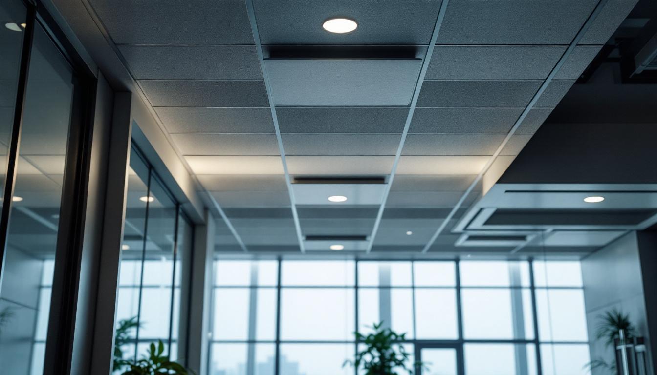 A photograph of a modern interior space showcasing panel ceiling lights in use