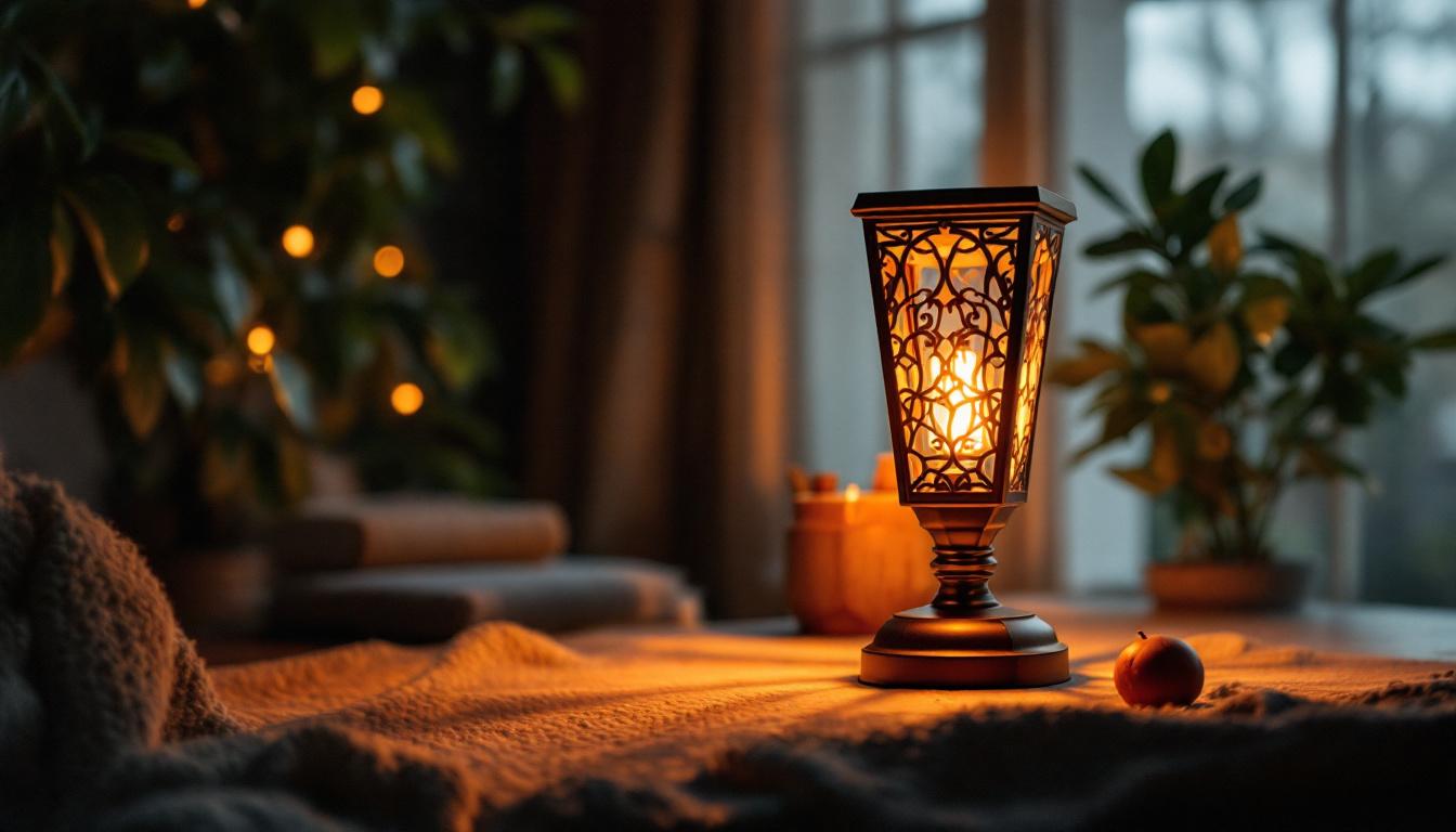 A photograph of a beautifully designed lamp in a cozy