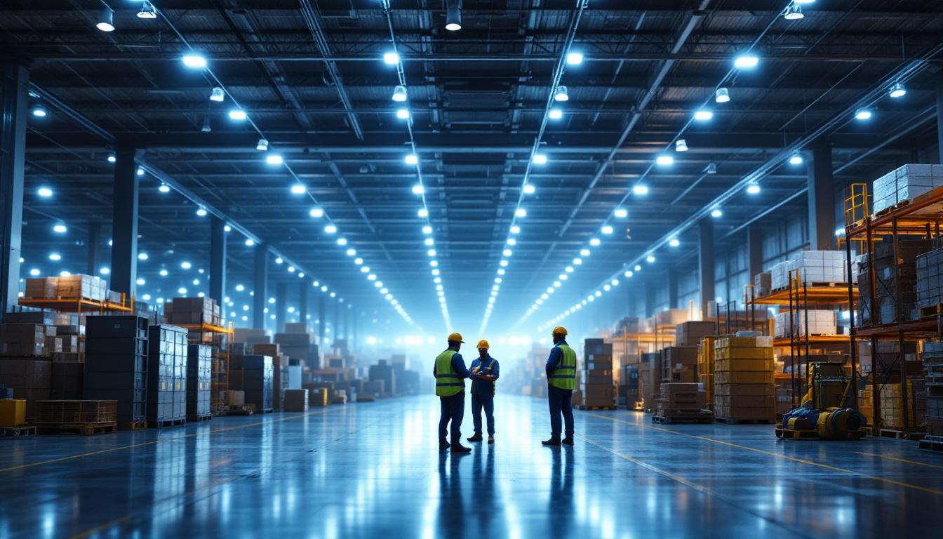 A photograph of a well-lit warehouse interior showcasing led lighting installations
