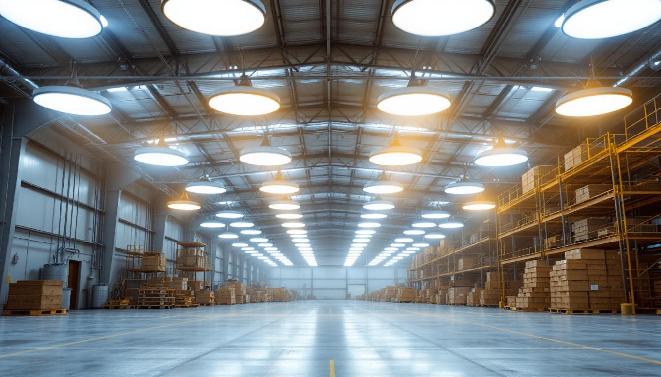 A photograph of a well-lit industrial space featuring round high bay led lights in action